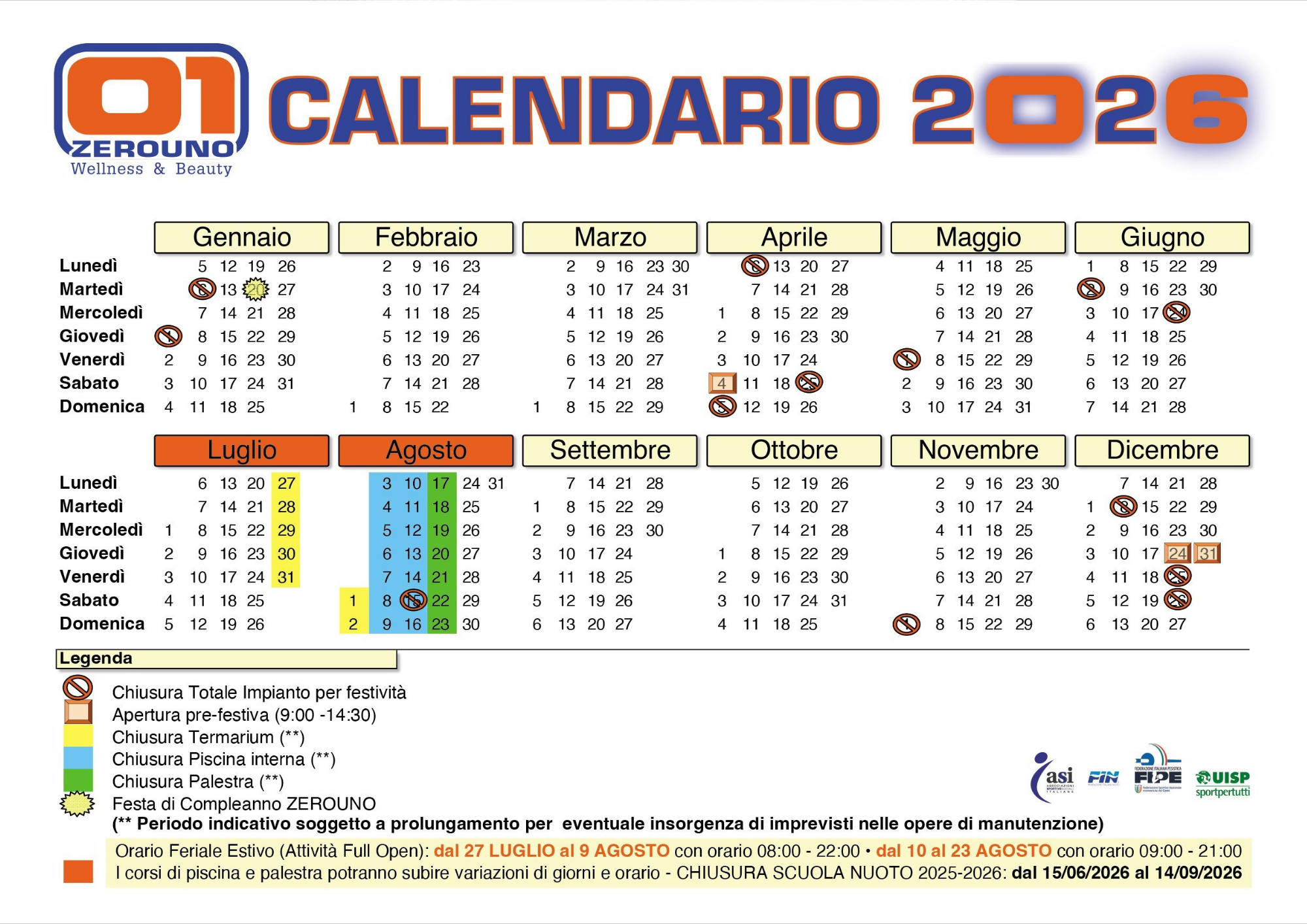 Calendario esterno 2026